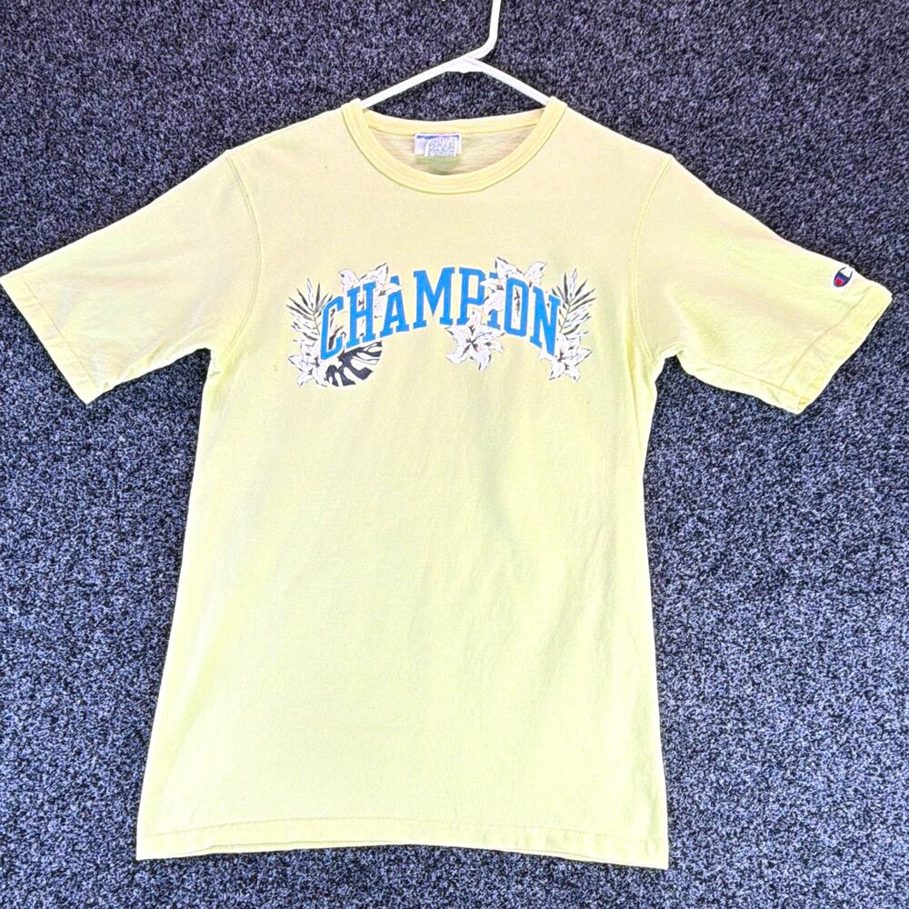 Champion Men's Yellow Graphic Logo Crew Neck Short Sleeve Cotton Knit Tee S
